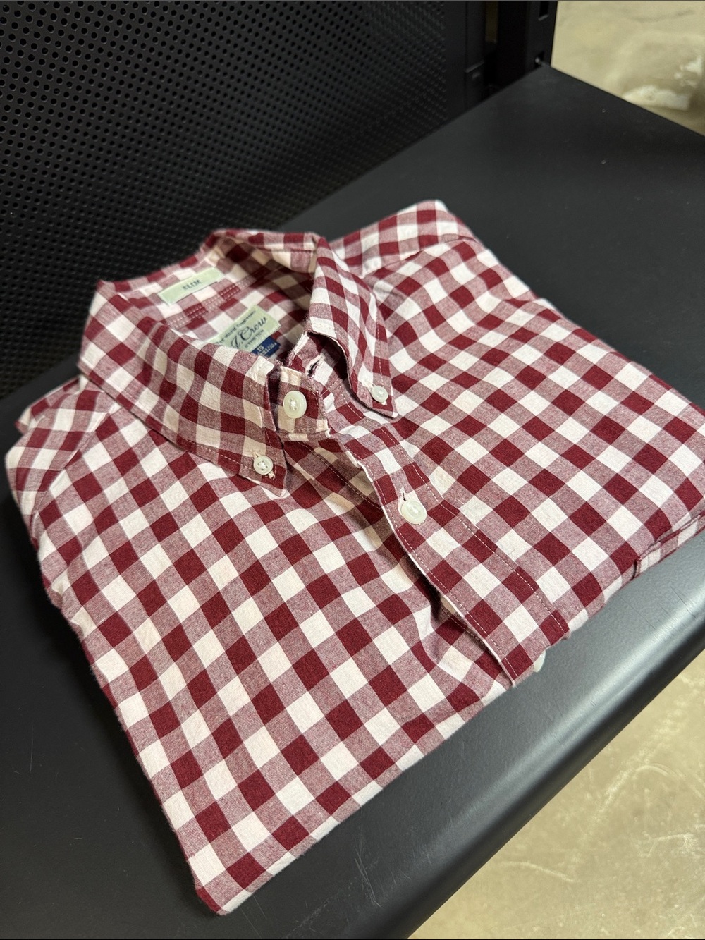 J. Crew Men's Burgundy and White Gingham Button-Down Shirt